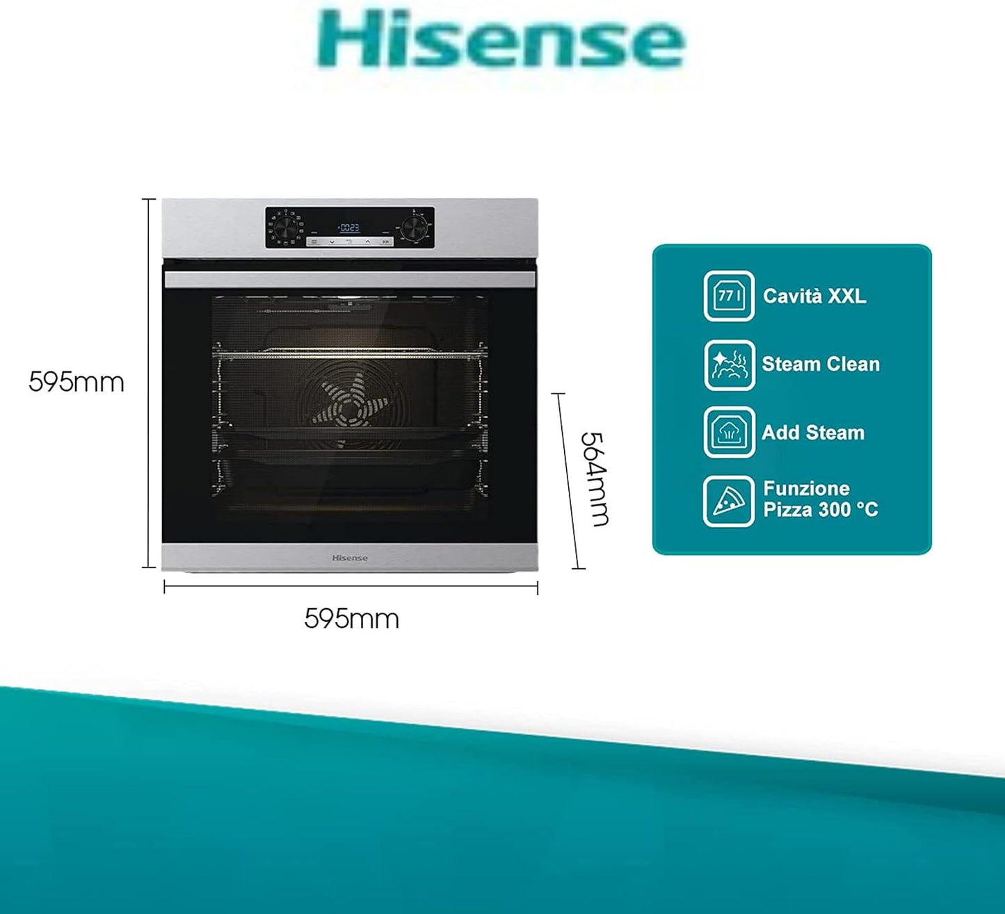 Hisense BSA65226AX, Four Multifonction Thermoventilé Avec Addition De Vapeur, Cavité XXL 77L, Nettoyage D'Eau Clean, 13 Fonctions De Cuisson, 3 Fonctions Vapeur, Fonction Pizza 300 °C, Cuisson Airfry