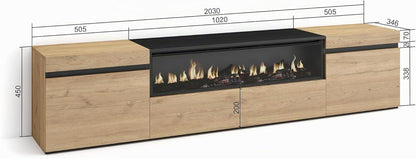 | Meuble TV | Banc Télé | Grand Espace De Rangement | 200X45X35Cm | Pour Les TV Jusqu'À 80" | Cheminée Électrique | Style Moderne | Chêne Et Noir