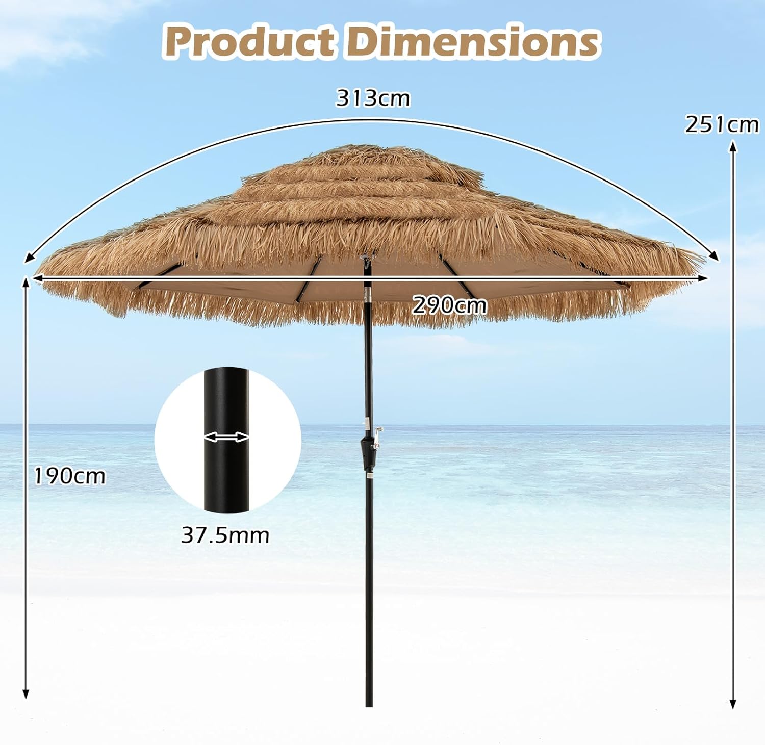 GOPLUS 3M Parasol en Paille PE avec 32 LED Solaires, Parasol Hawaïen Tropical avec Double Toit Inclinable, 8 Baleines, 9 Couches, Manivelle, Anti-UV, Manivelle, pour Jardin Patio Plage