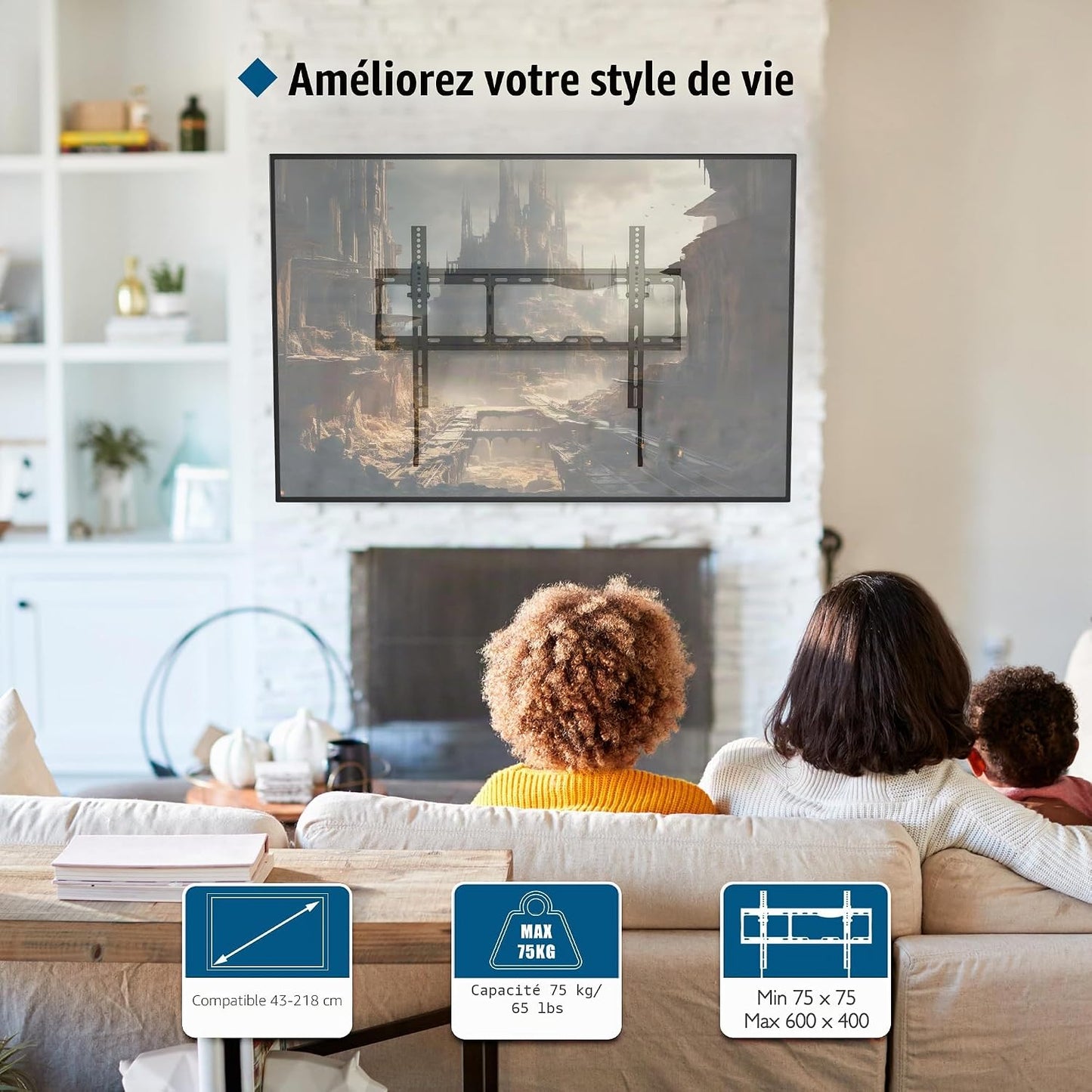 Support Mural TV Inclinable 17-86 Pouces, Charge 75 Kg | VESA 75X75 À 600X400Mm, Niveau À Bulle Et Attaches De Câble Inclus, Compatible Avec Écrans LCD, LED Et Plasma