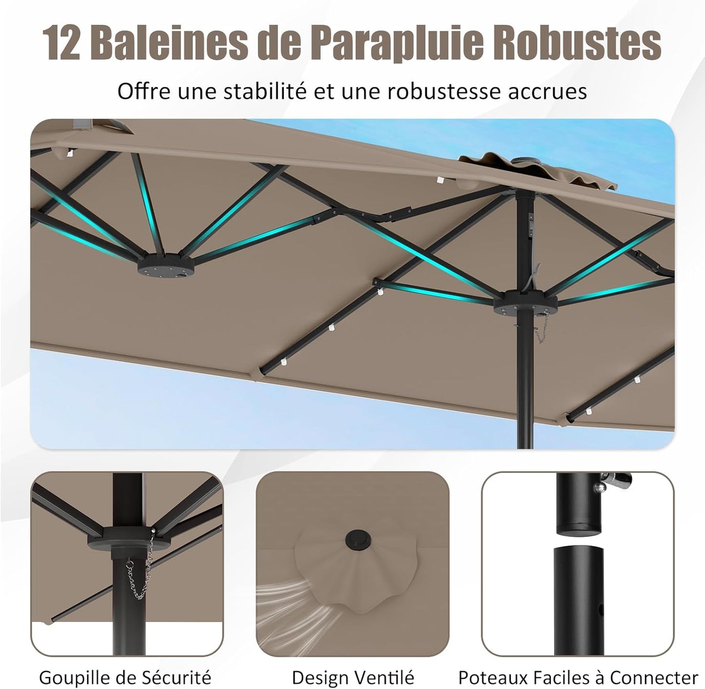 GOPLUS Parasol de Jardin Exterieur avec Pied, 4M Parasol Double Face avec LED, Manivelle et Ventilation, Grand Parasol Extérieur pour 6 Personnes pour Marché, Piscine, Terrasse, Balcon (Café)