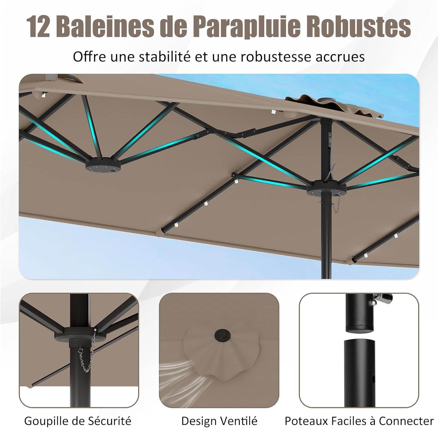 GOPLUS Parasol de Jardin Exterieur avec Pied, 4M Parasol Double Face avec LED, Manivelle et Ventilation, Grand Parasol Extérieur pour 6 Personnes pour Marché, Piscine, Terrasse, Balcon (Café)