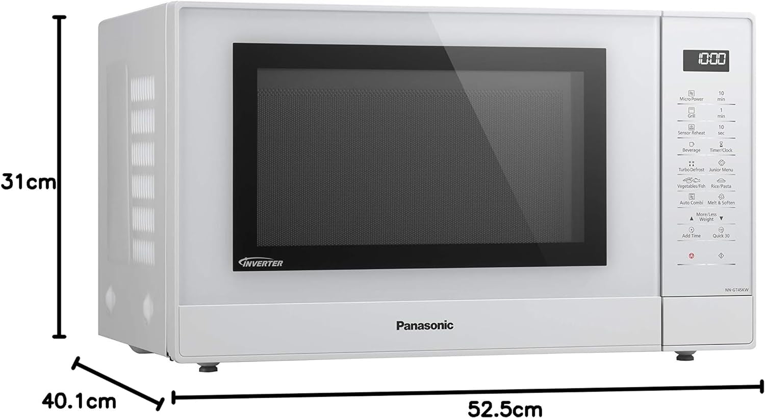 NN-GT45KWSUG Four Micro-Ondes Gril Et Plateau Tournant En Verre, 31L, 1000W, Technologie Inverter, 24 Programmes Auto, Décongélation, 7 Niveaux De Puissance, Minuterie, Affichage LED, Blanc