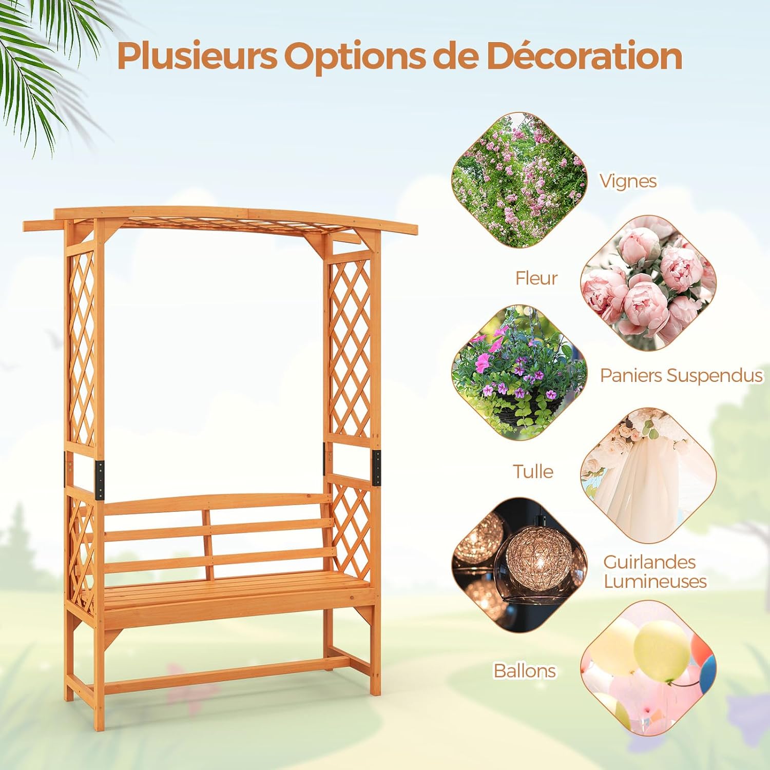 GOPLUS Arche Jardin avec Banc Exterieur, Banc et 2 Treillis pour Plantes Grimpantes, Vignes, Raisins,2 Places, pour Fête, Mariage (50x160x199CM)