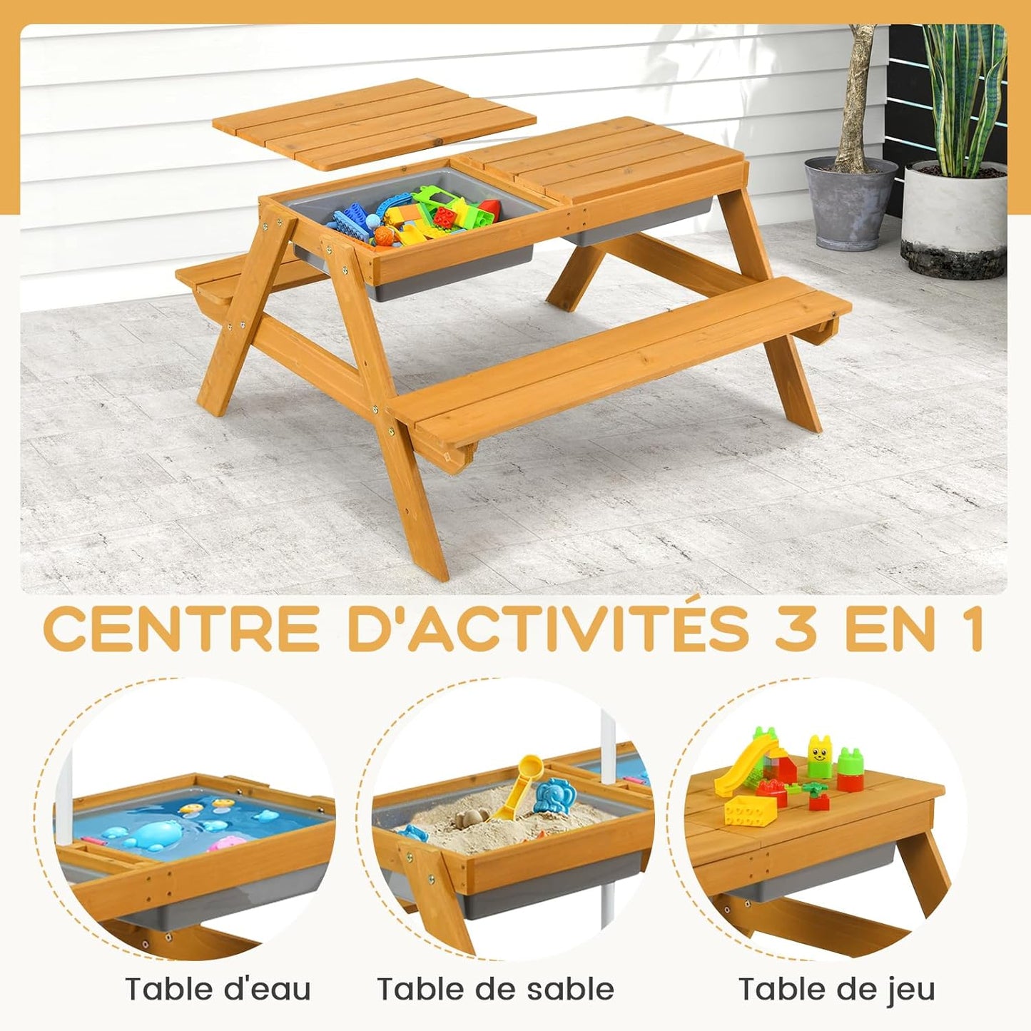 GOPLUS Table Enfant avec Banc et Parasol, 3 en 1 Banc Convertible avec Plateau Amovible et 2 Boîtes de Rangement, Table d’Activité en Bois pour Extérieur, Jardin (Vert+Blanc)