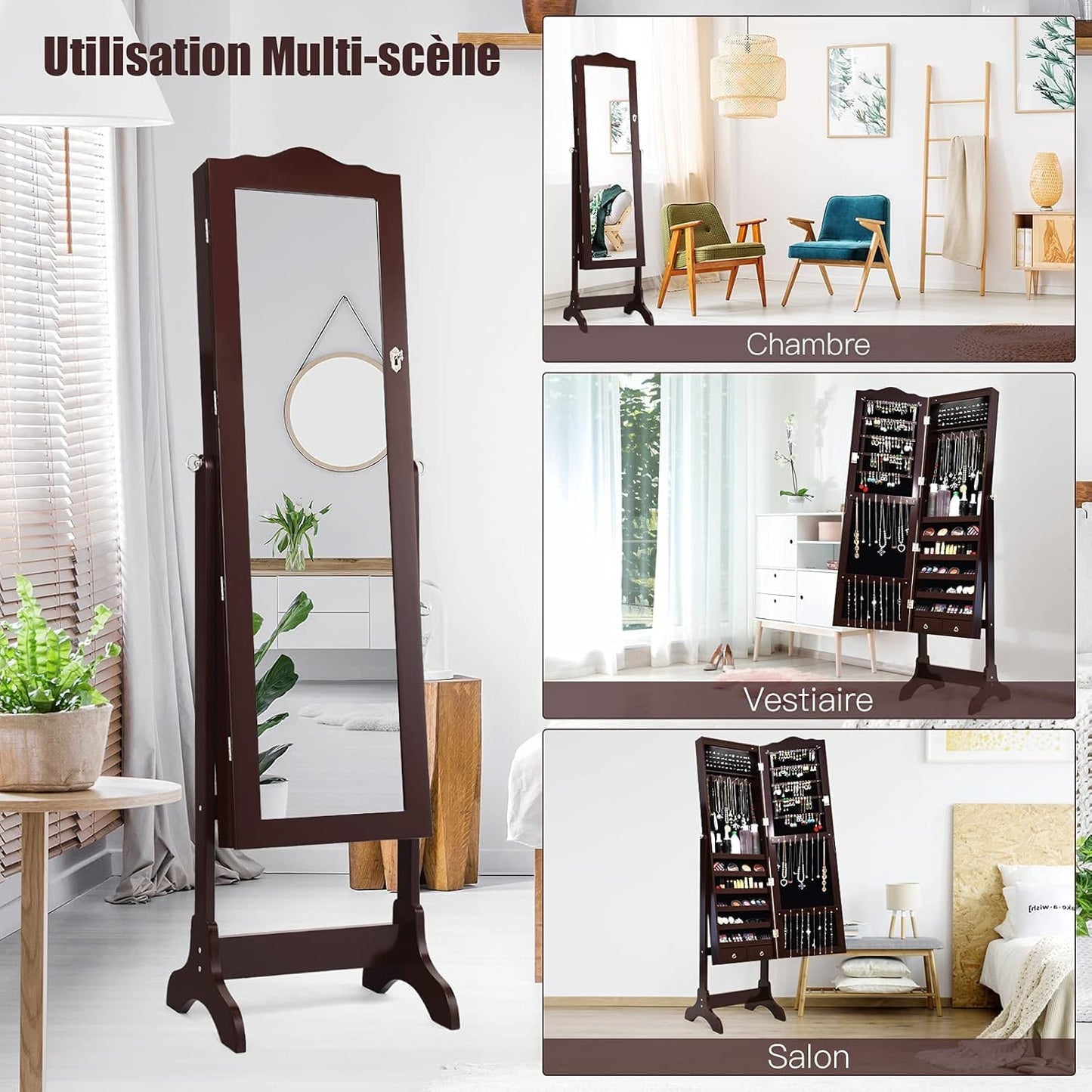 GOPLUS Armoire à Bijoux avec Miroir, 2 en 1 Armoire a Bijoux sur Pied avec 4 Angles Réglables, 14 Lumières LED, 6 Étagères, Meuble Bijoux Verrouillable en Bois pour Femmes et Filles (Brun)