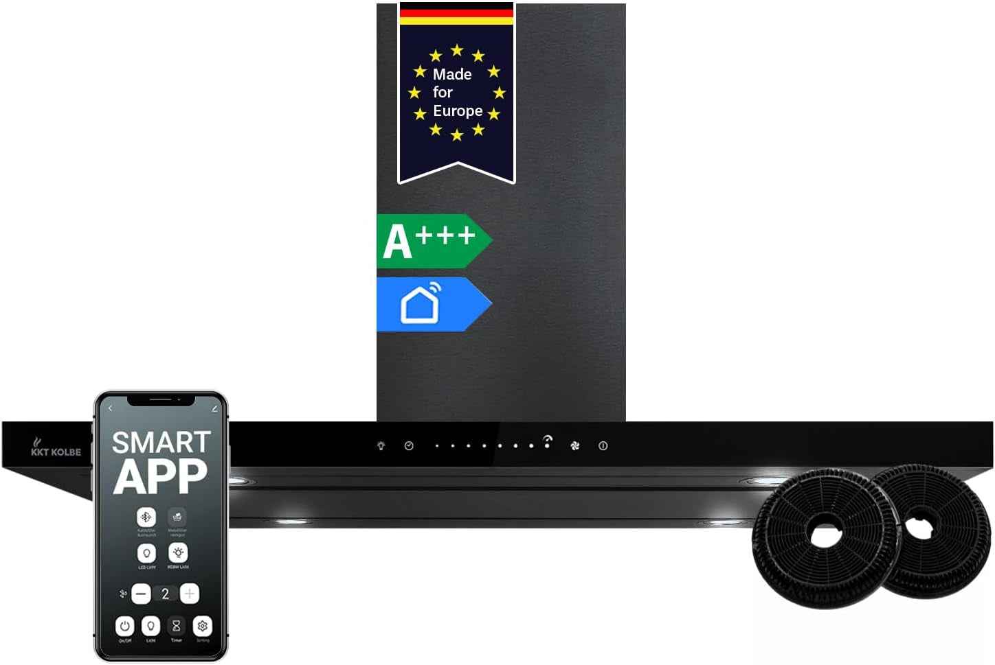 A+++ Hotte 90 Cm 680 M³/H Hotte Îlot Air Évacué Air En Circulation Noir Verre Smart Wifi WLAN App Naloopautomatique Sensortouch Avec Filtre À Charbon FLAT-EILAND-6S