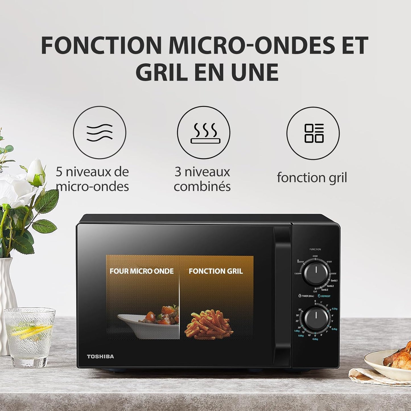 Four À Micro-Ondes 20 L MW2-MG20P(BK), 800W/1000W Grill, Avec Grill Croustillant Et Fonction De Cuisson Combinée, 9 Niveaux De Puissance, Ampoule LED, Dégivrage Facile, Noir