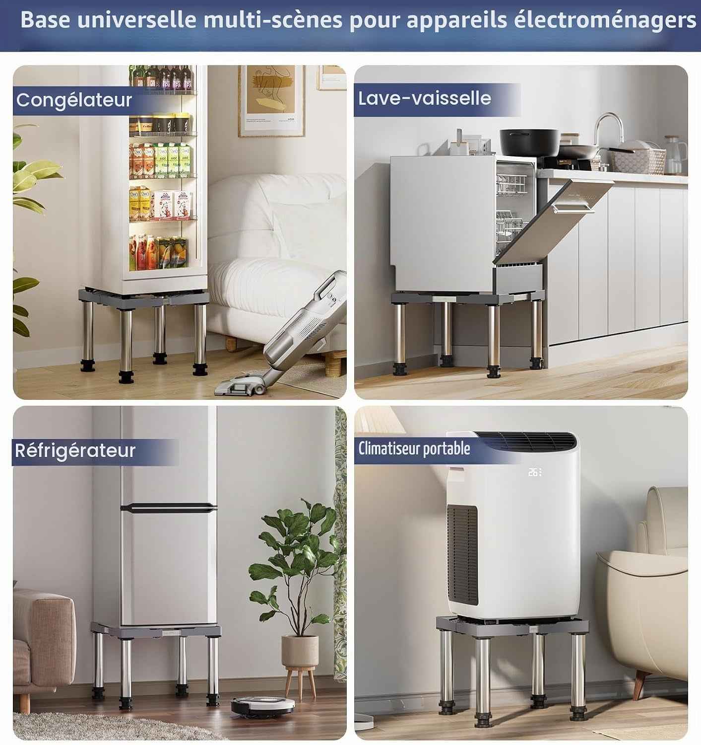 Mini Base De Réfrigérateur Support Électroménager Réglable Hauteur 33-36 Cm, Base De Lave-Vaisselle 45-67 Cm Avec 4 Pieds Robustes, Charge 200 Kg Pour Sécheuse Armoire De Réfrigérateur Gris