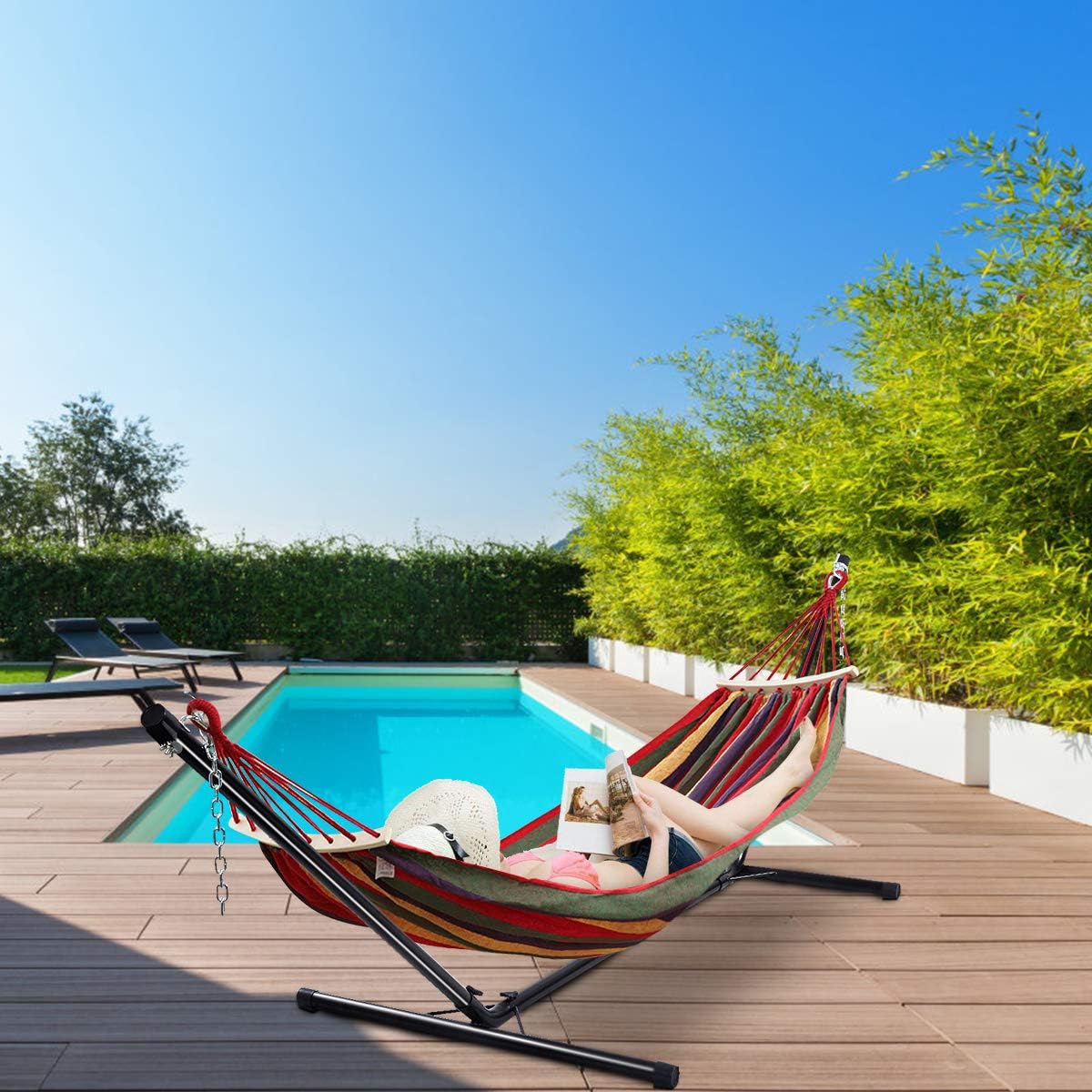 GOPLUS Support de Hamac Universel Patio Portatif Charge Maximale 150 KG Matière en Fer Robuste avec Chaîne de Suspension 325 x 100 x 106 CM Noir pour Jardin Camping Balcon