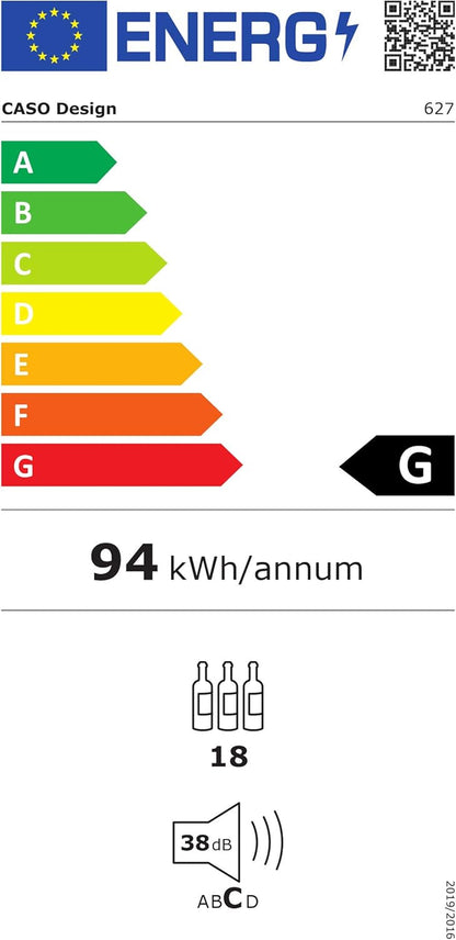 Caso 627 Vin Réfrigérateur Montage Encastré ()/A/44,5 Cm/138 Kwh/An/18 Bouteilles Partie Réfrigérateur/Congélateur Partie Isotherme/Électronique De Température Réglable De 5–20 °C/Noir