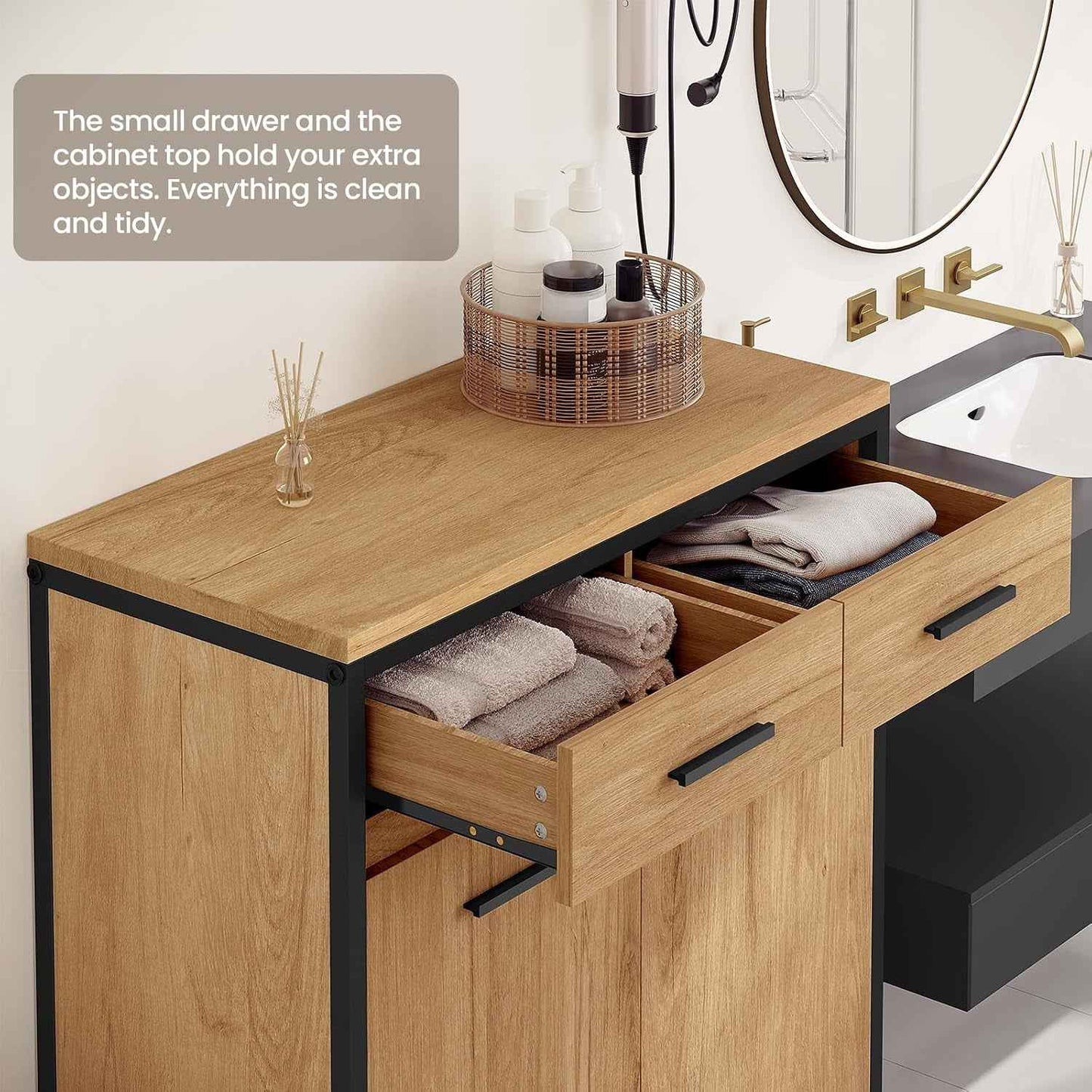 Meuble De Salle De Bain, Placard De Rangement, Avec Sac Intérieur Amovible Avec Poignées, 40 X 78,9 X 80,2 Cm, 2 Tiroirs Et 2 Paniers À Linge, Meuble De Rangement, Chêne Clair + Noir, 0233WY