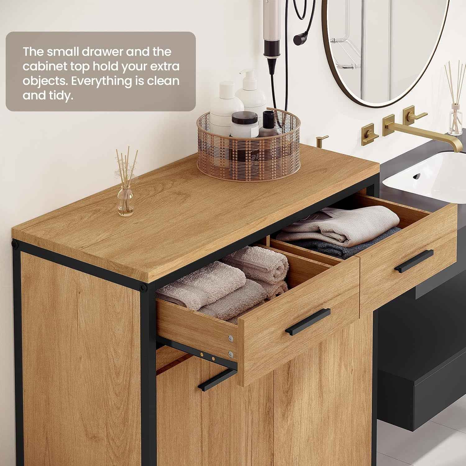 Meuble De Salle De Bain, Placard De Rangement, Avec Sac Intérieur Amovible Avec Poignées, 40 X 78,9 X 80,2 Cm, 2 Tiroirs Et 2 Paniers À Linge, Meuble De Rangement, Chêne Clair + Noir, 0233WY