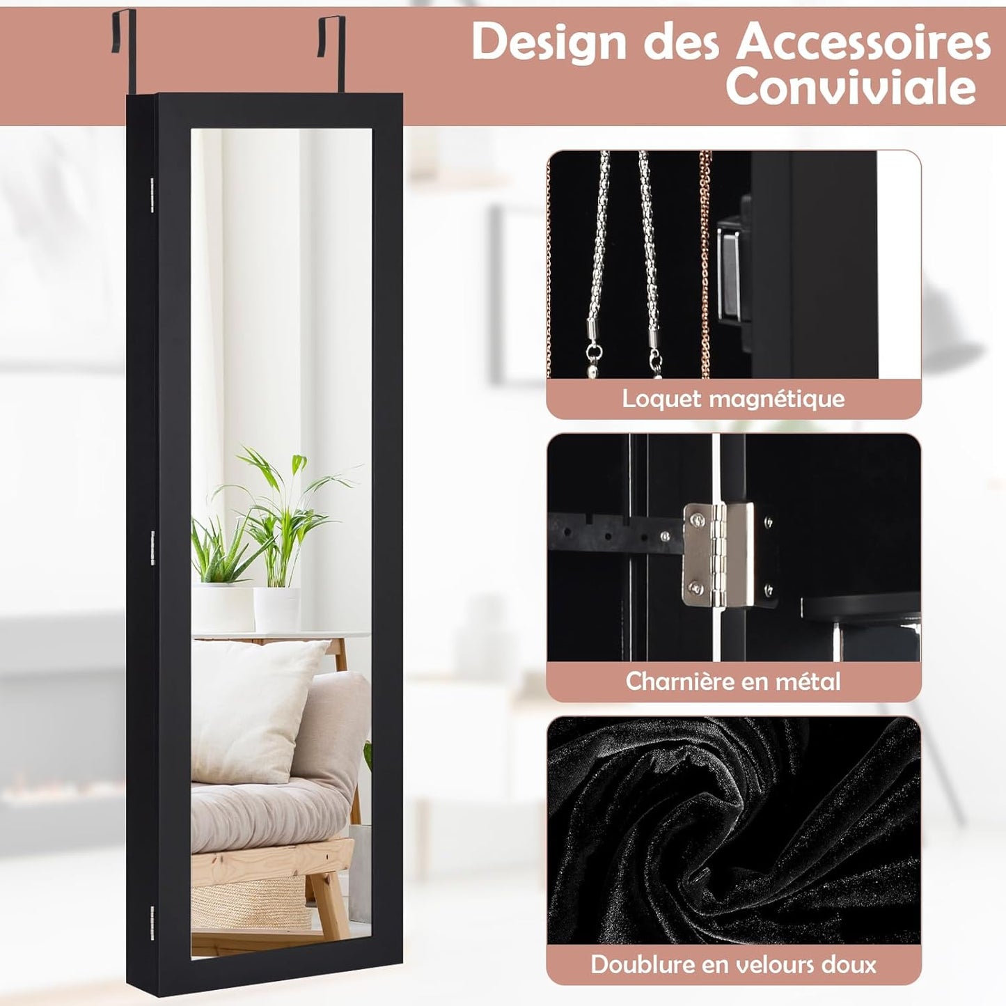 GOPLUS Armoire à Bijoux avec Miroir, Meuble à Bijoux Mural/Suspendu, avec Grand Espace de Rangement, Miroir Pleine Longueur, Miroir de Maquillage Intégré, Montage Mural/Accrocher à la Porte (Noir)