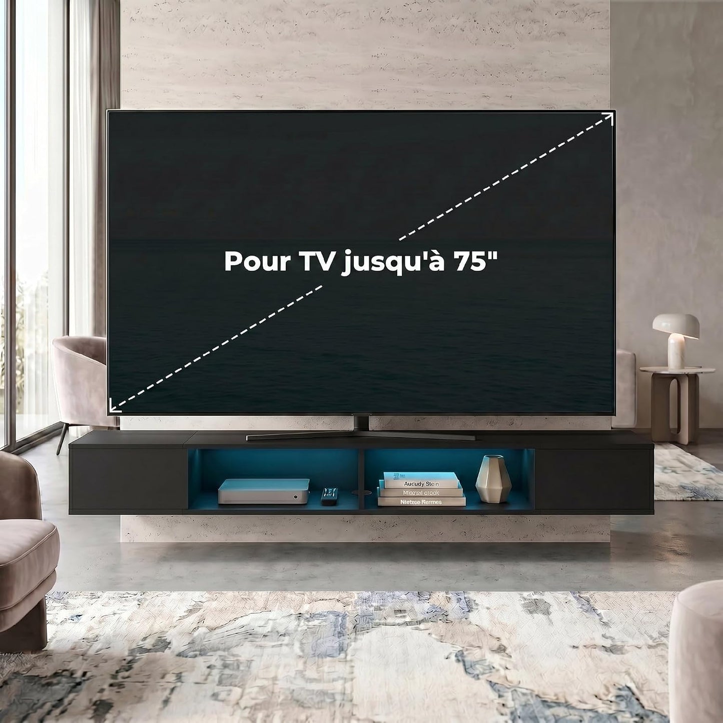 Meuble TV Suspendu 180 Cm Avec LED RGB Pour TV 75 Pouces Noir | Meuble Télé, Étagères Ouvertes, Banc TV Mural Pour Salon