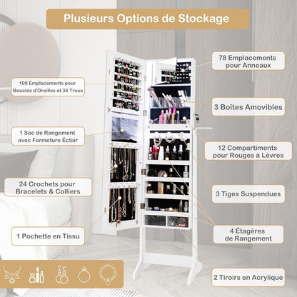 GOPLUS Armoire à Bijoux avec Miroir sur Pied, 2 en 1 Organisateur de Bijoux Verrouillable avec Lumières LED 3 Couleurs, 3 Angles Réglables, Armoire de Rangement Modern pour Collier, Bague, Blanc