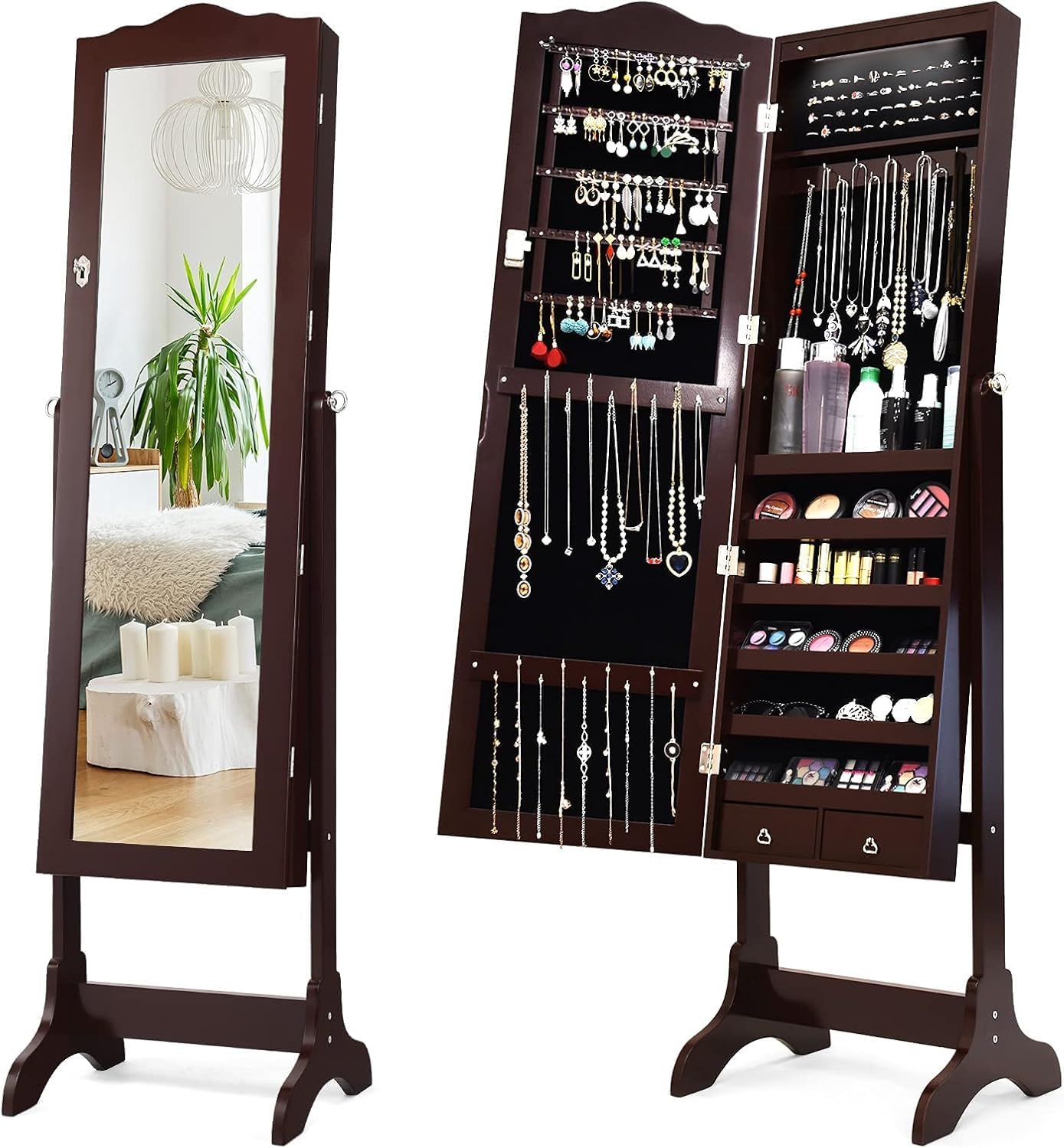GOPLUS Armoire à Bijoux avec Miroir, 2 en 1 Armoire a Bijoux sur Pied avec 4 Angles Réglables, 14 Lumières LED, 6 Étagères, Meuble Bijoux Verrouillable en Bois pour Femmes et Filles (Brun)