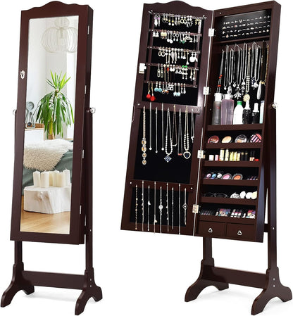 GOPLUS Armoire à Bijoux avec Miroir, 2 en 1 Armoire a Bijoux sur Pied avec 4 Angles Réglables, 14 Lumières LED, 6 Étagères, Meuble Bijoux Verrouillable en Bois pour Femmes et Filles (Brun)