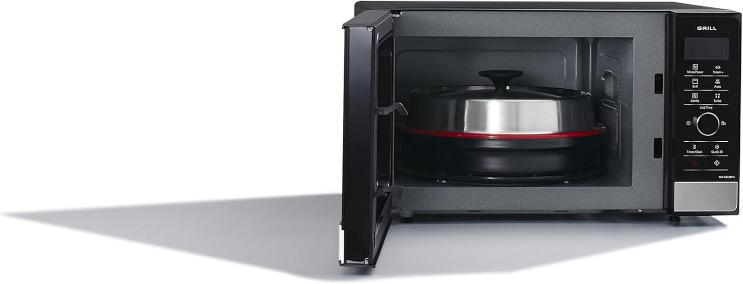 NN-GD38HSSUG Four Micro-Ondes Inverter Et Grill Avec Plateau Tournant, 23 Litres, Acier Inoxydable, 1000 W, Grill 1000 W, 17 Programmes Automatiques, Grille Métallique, Noir