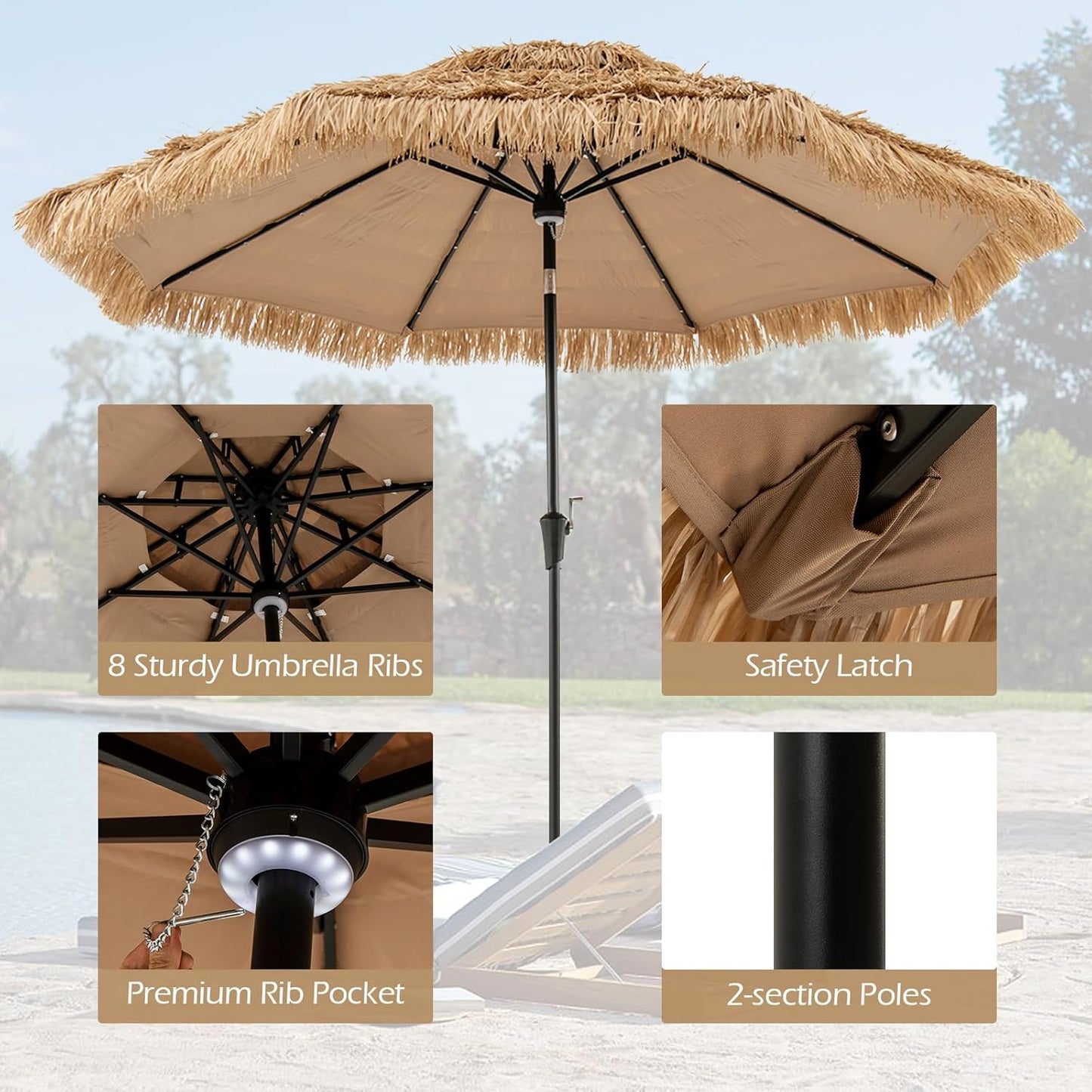 GOPLUS 3M Parasol en Paille PE avec 32 LED Solaires, Parasol Hawaïen Tropical avec Double Toit Inclinable, 8 Baleines, 9 Couches, Manivelle, Anti-UV, Manivelle, pour Jardin Patio Plage