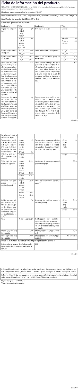 EWDE 861483 W IT N - Lave-Linge 8 Kg Charge Avant, Libre Installation. Centrifugeuse 1400 Tours Par Minute. Largeur 59,5 Cm, Profondeur 53,5 Cm, Hauteur 85 Cm, Classe Énergétique D, Blanc