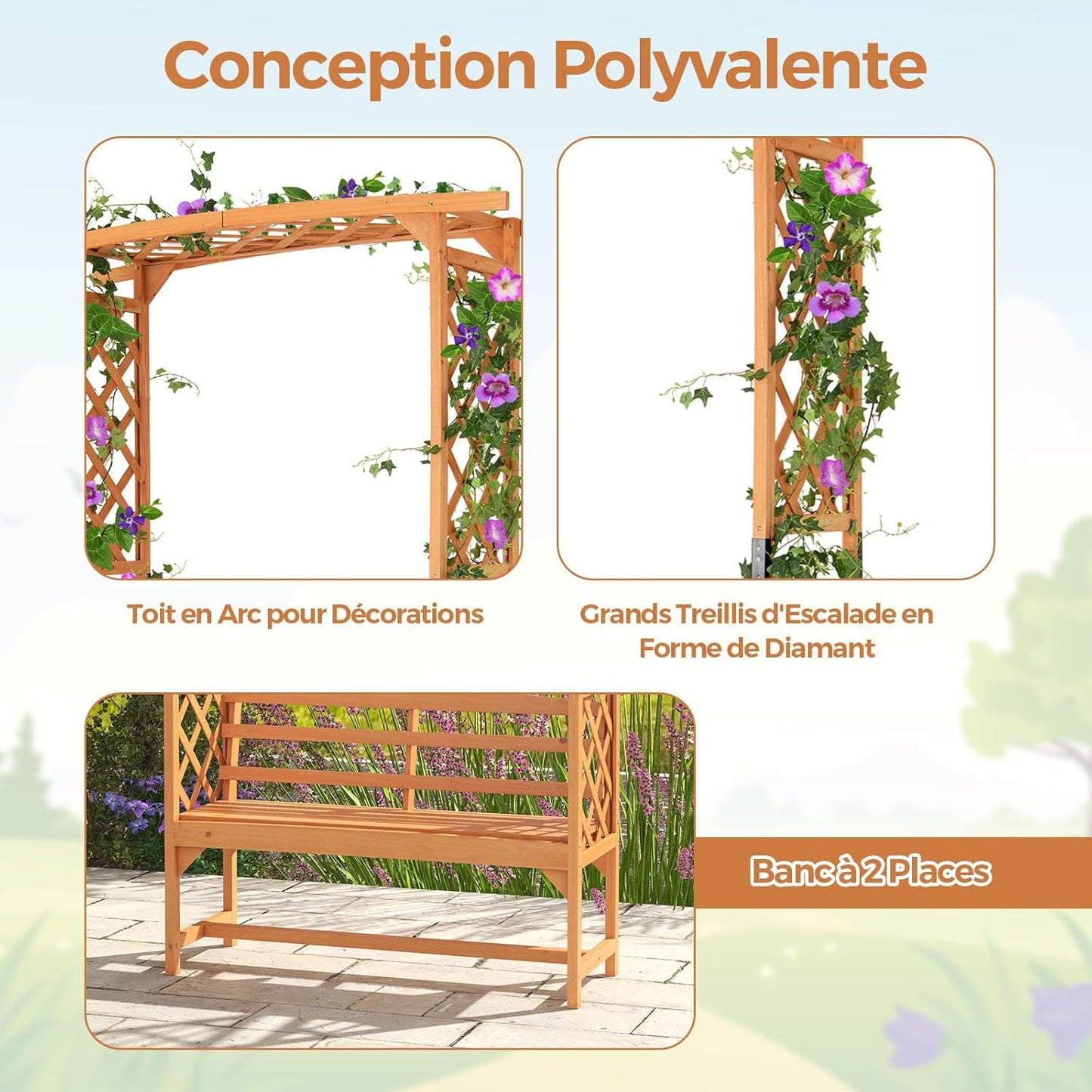 GOPLUS Arche Jardin avec Banc Exterieur, Banc et 2 Treillis pour Plantes Grimpantes, Vignes, Raisins,2 Places, pour Fête, Mariage (50x160x199CM)