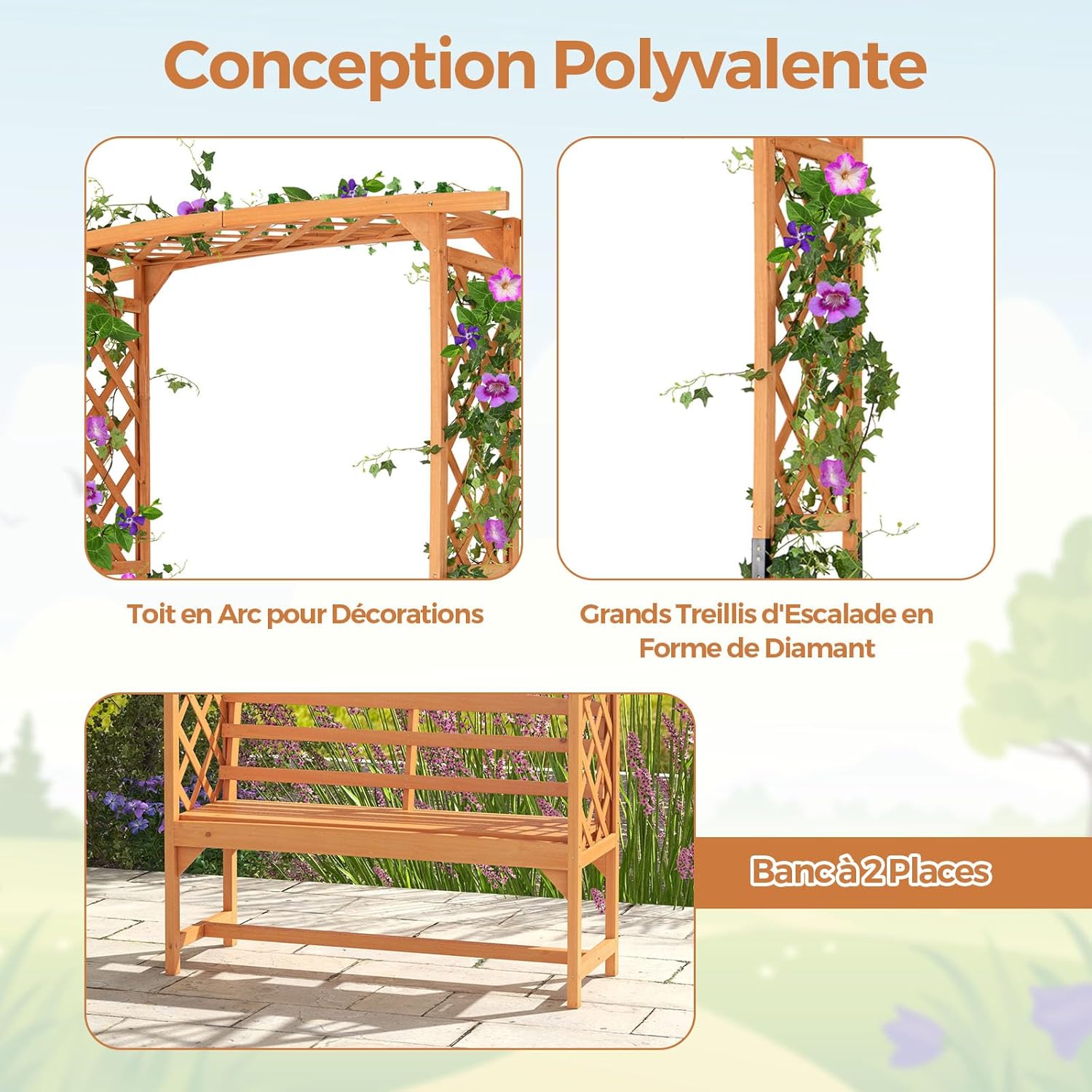 GOPLUS Arche Jardin avec Banc Exterieur, Banc et 2 Treillis pour Plantes Grimpantes, Vignes, Raisins,2 Places, pour Fête, Mariage (50x160x199CM)