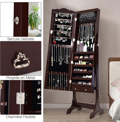 GOPLUS Armoire à Bijoux avec Miroir, 2 en 1 Armoire a Bijoux sur Pied avec 4 Angles Réglables, 14 Lumières LED, 6 Étagères, Meuble Bijoux Verrouillable en Bois pour Femmes et Filles (Brun)