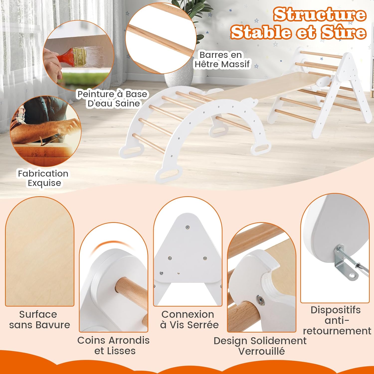 GOPLUS 7 en 1 Triangle Arche Montessori, Arche d'escalade Enfants avec Toboggan Bois,Rampe, Échelle Réglable, Charge 50KG, pour Tout-Petits Bébé 1 Ans+(Gris)