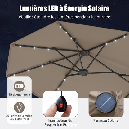 GOPLUS Parasol de Jardin Exterieur avec Pied, 4M Parasol Double Face avec LED, Manivelle et Ventilation, Grand Parasol Extérieur pour 6 Personnes pour Marché, Piscine, Terrasse, Balcon (Café)