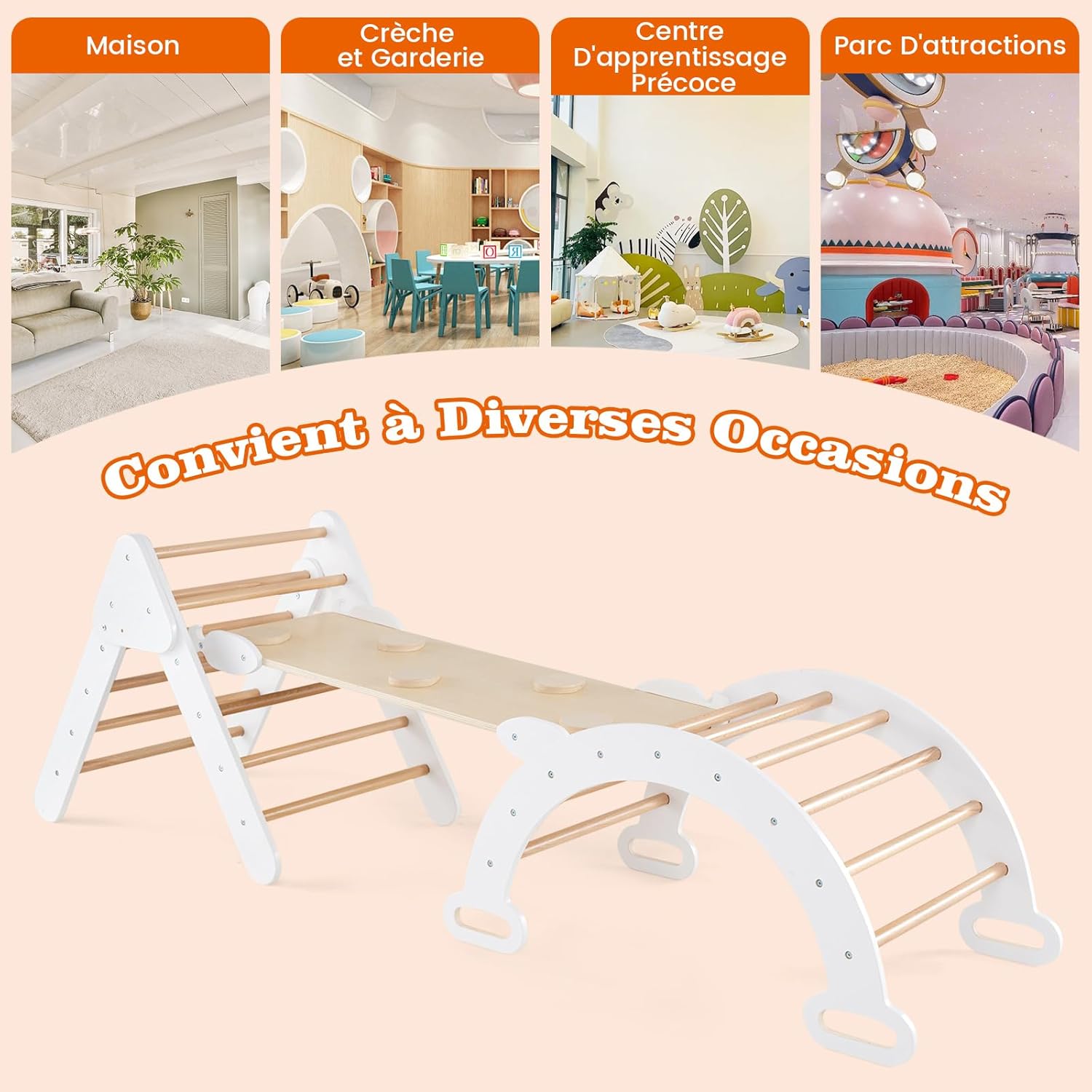GOPLUS 7 en 1 Triangle Arche Montessori, Arche d'escalade Enfants avec Toboggan Bois,Rampe, Échelle Réglable, Charge 50KG, pour Tout-Petits Bébé 1 Ans+(Gris)