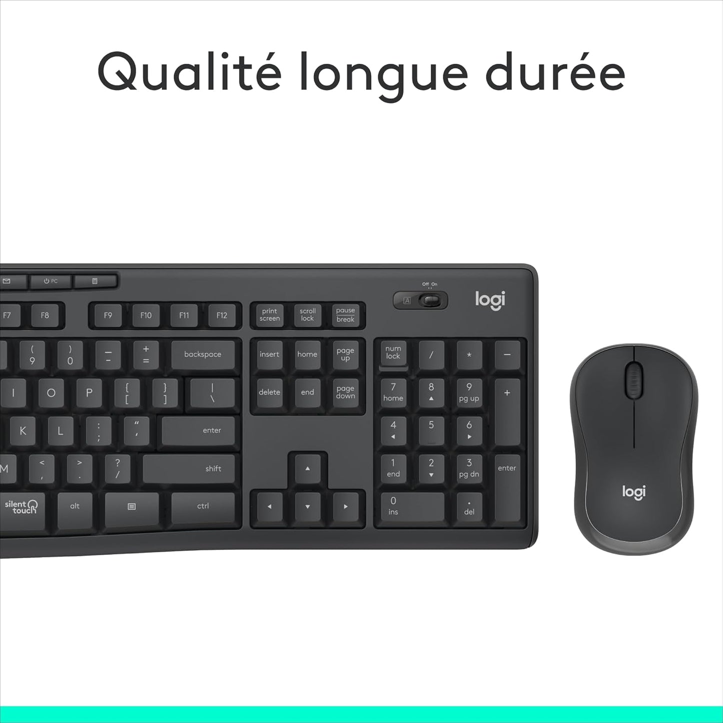 Logitech MK295 Silent wireless mouse and keyboard set | SilentTouch, standard numeric keypad, wireless, 90% less noise, AZERTY French-Graphite
