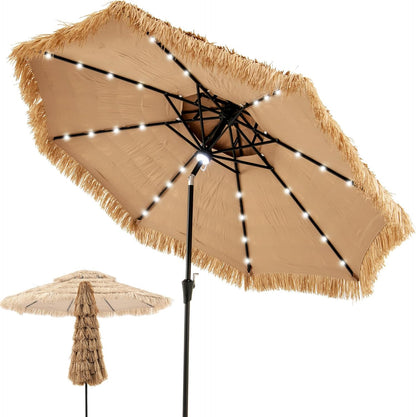 GOPLUS 3M Parasol en Paille PE avec 32 LED Solaires, Parasol Hawaïen Tropical avec Double Toit Inclinable, 8 Baleines, 9 Couches, Manivelle, Anti-UV, Manivelle, pour Jardin Patio Plage
