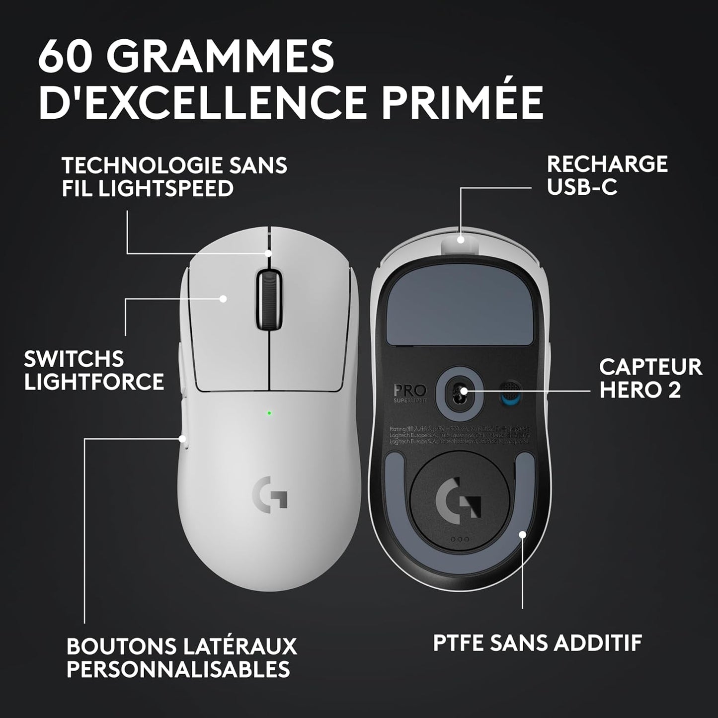 Logitech G PRO X SUPERLIGHT 2, Wireless Gaming Mouse, East Europe Version | Pro-Grade 60g Mouse, 5 Buttons, 44,000 DPI Sensor, 8kHz Ratio, USB-C Charging PC/Mac - White