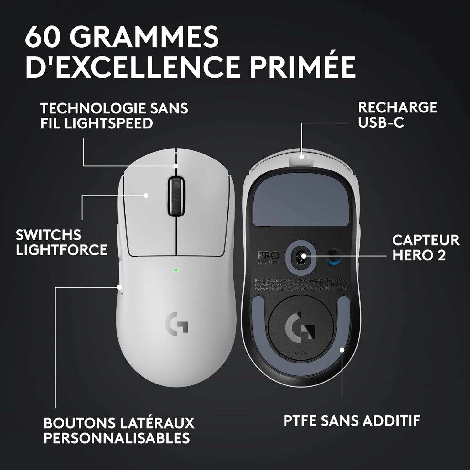 Logitech G PRO X SUPERLIGHT 2, Wireless Gaming Mouse, East Europe Version | Pro-Grade 60g Mouse, 5 Buttons, 44,000 DPI Sensor, 8kHz Ratio, USB-C Charging PC/Mac - White