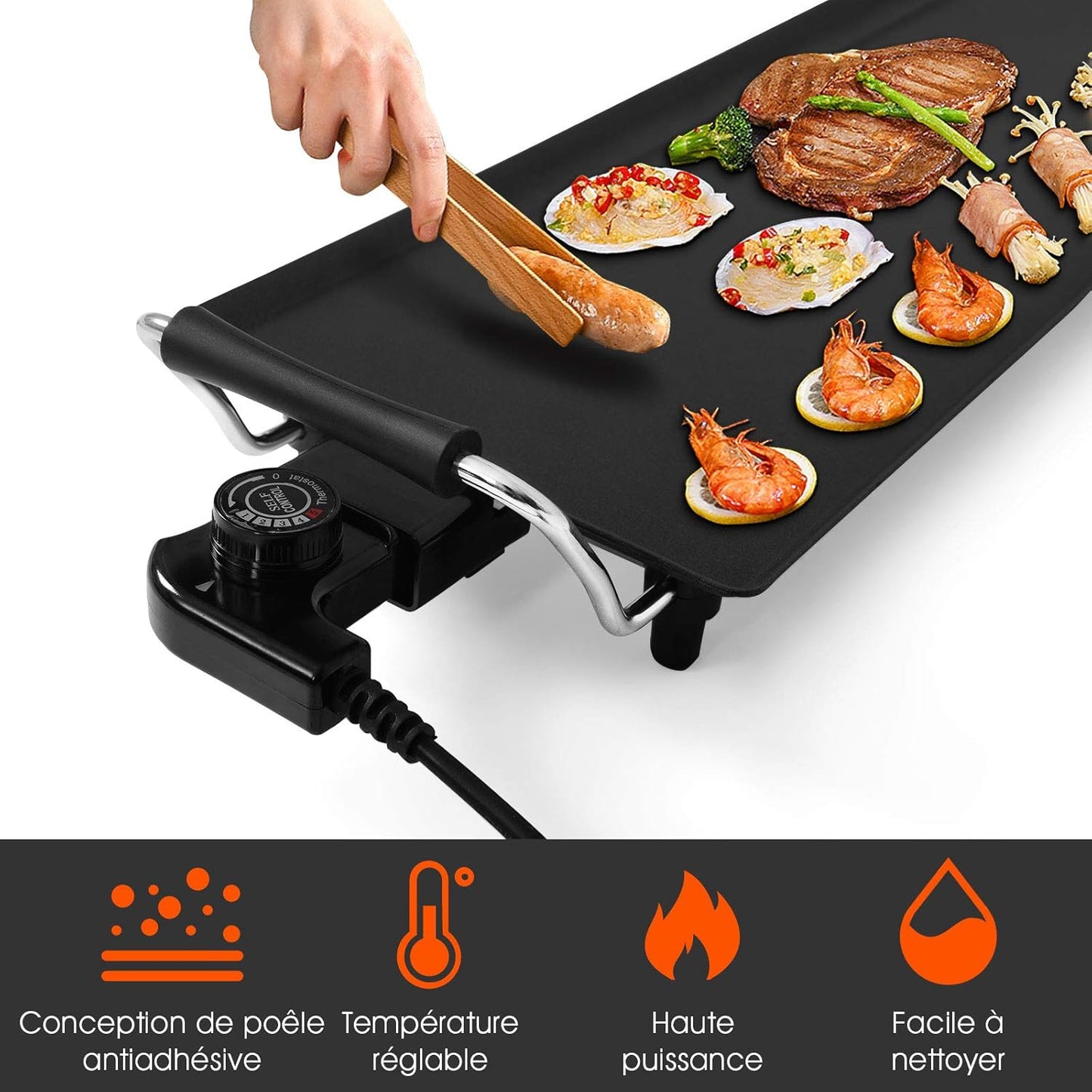 GOPLUS Plancha Électrique XXL Antiadhésive avec Thermostat Ajustable, Grille de Table Antidérapante et Lavable avec Poignée Rembourrée, Grande Capacité pour 8 Personnes, 1800W, 90 x 23CM
