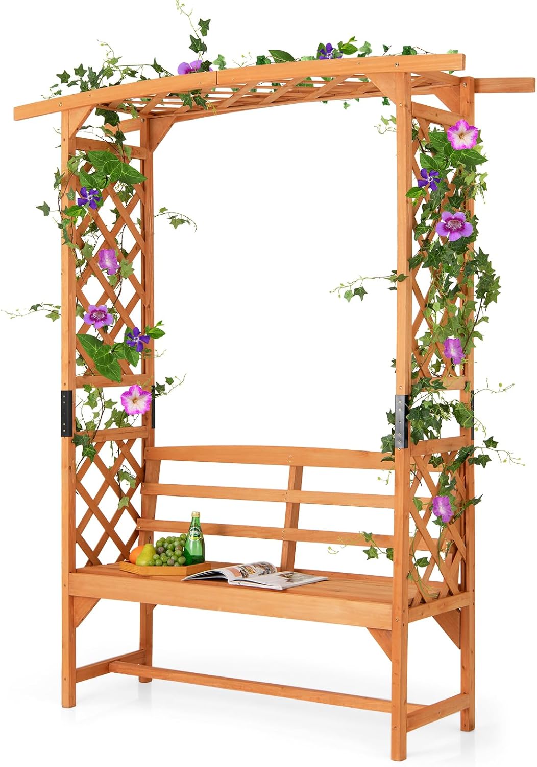 GOPLUS Arche Jardin avec Banc Exterieur, Banc et 2 Treillis pour Plantes Grimpantes, Vignes, Raisins,2 Places, pour Fête, Mariage (50x160x199CM)