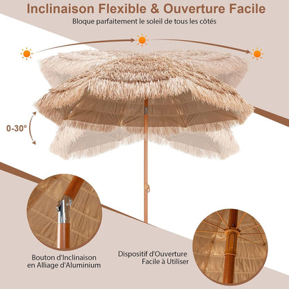 GOPLUS 2,2M Parasol Paille de Plastique, Parasol de Plage avec 8 Baleines, Parasol Inclinable de Style Tropical Hawaïen, UPF 30+, Parasol de Jardin Patio Terrasse, Base Non Inclus (Naturel)