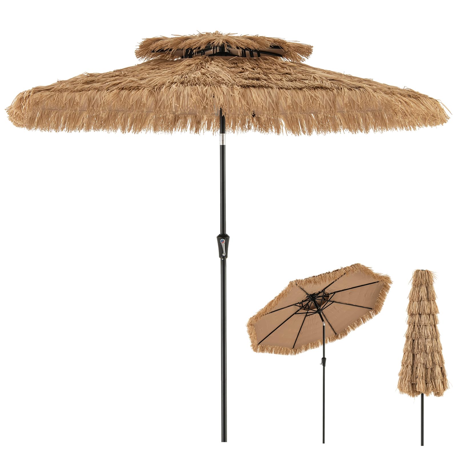 GOPLUS 3M Parasol en Paille PE avec 32 LED Solaires, Parasol Hawaïen Tropical avec Double Toit Inclinable, 8 Baleines, 9 Couches, Manivelle, Anti-UV, Manivelle, pour Jardin Patio Plage
