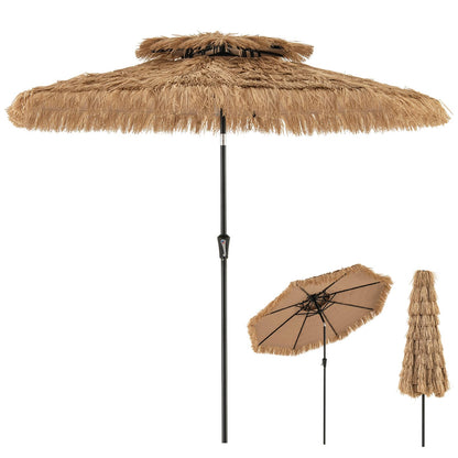 GOPLUS 3M Parasol en Paille PE avec 32 LED Solaires, Parasol Hawaïen Tropical avec Double Toit Inclinable, 8 Baleines, 9 Couches, Manivelle, Anti-UV, Manivelle, pour Jardin Patio Plage