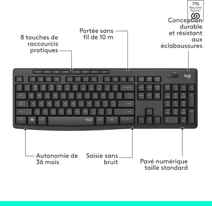Logitech MK295 Silent wireless mouse and keyboard set | SilentTouch, standard numeric keypad, wireless, 90% less noise, AZERTY French-Graphite