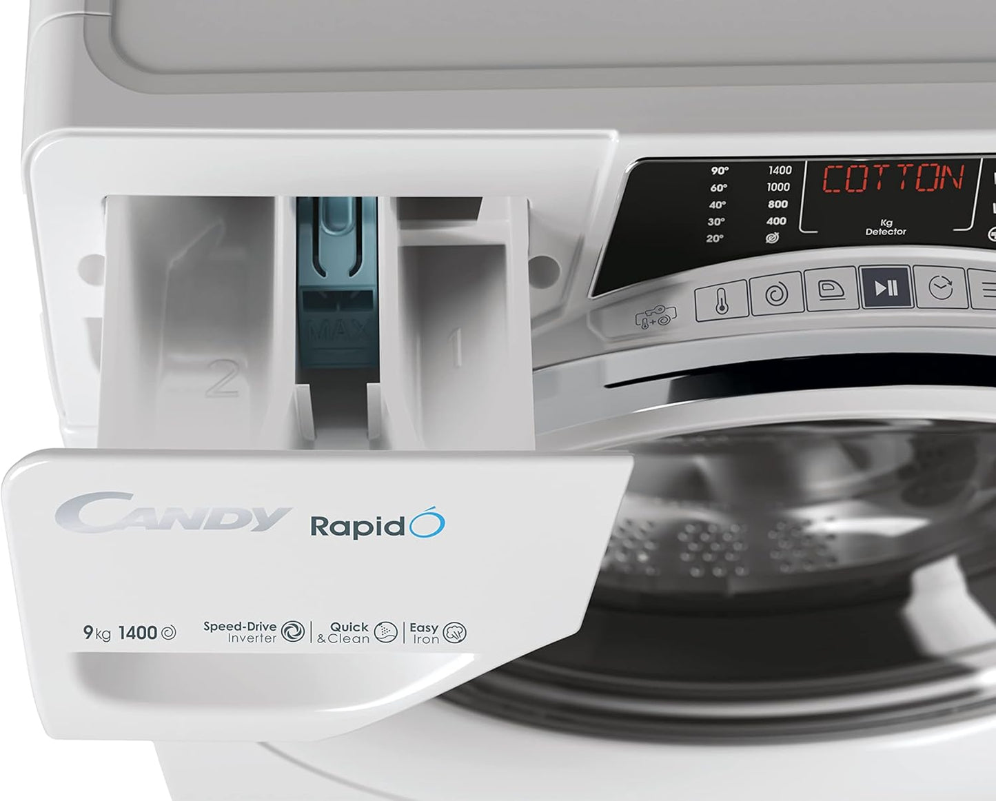 Rapido RO 1496DWMCT/1-S Machine À Laver 9 Kg, 1400 Tr/Min, Écran Smart Text, Panneau Smart Touch, Wi-Fi, Snap & Wash, 16 Cycles, 9 Rapides, Moteur Inverter, Fonction Vapeur, Départ Différé 24H,
