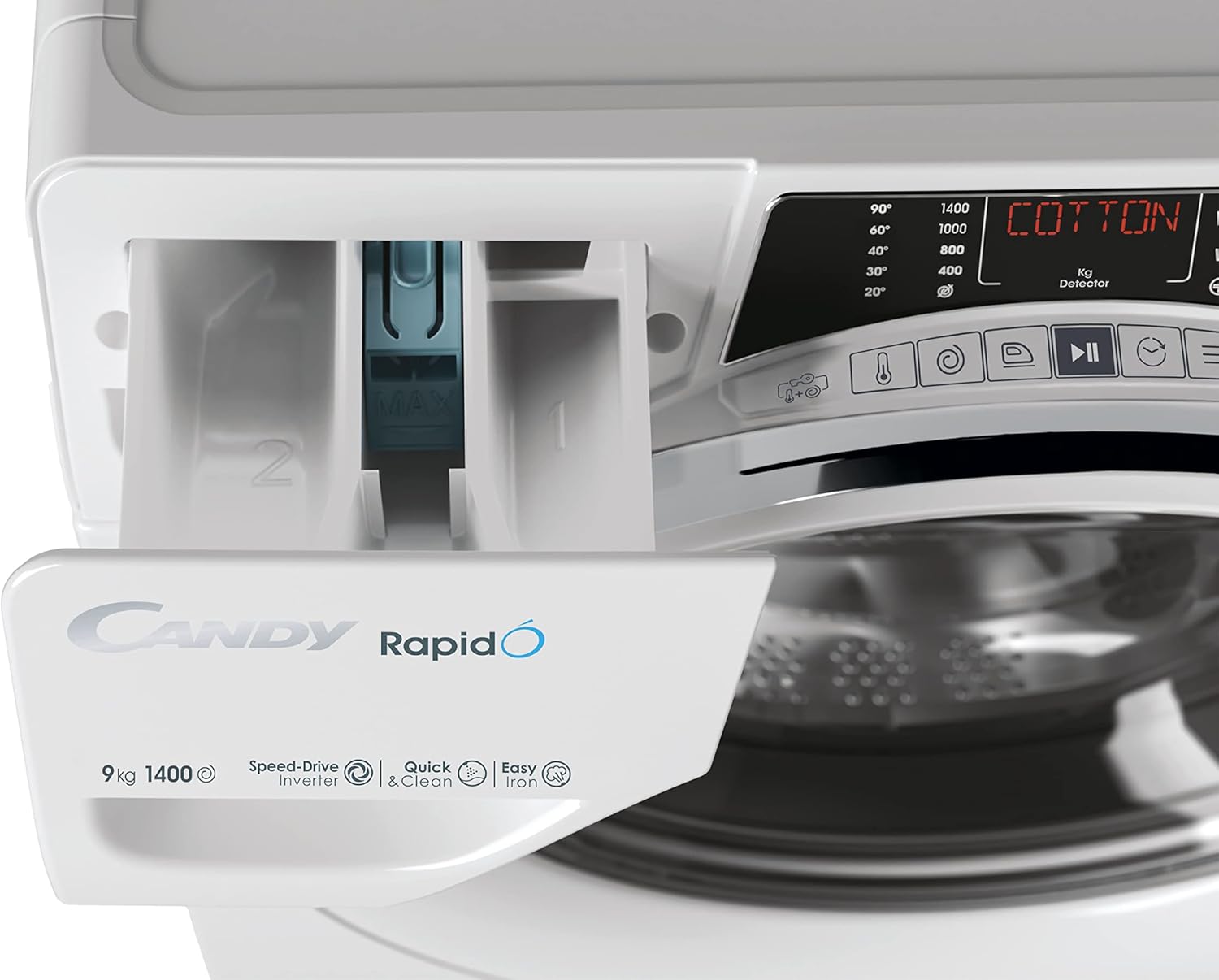 Rapido RO 1496DWMCT/1-S Machine À Laver 9 Kg, 1400 Tr/Min, Écran Smart Text, Panneau Smart Touch, Wi-Fi, Snap & Wash, 16 Cycles, 9 Rapides, Moteur Inverter, Fonction Vapeur, Départ Différé 24H,