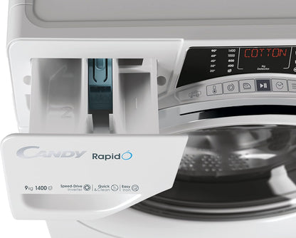Rapido RO 1496DWMCT/1-S Machine À Laver 9 Kg, 1400 Tr/Min, Écran Smart Text, Panneau Smart Touch, Wi-Fi, Snap & Wash, 16 Cycles, 9 Rapides, Moteur Inverter, Fonction Vapeur, Départ Différé 24H,
