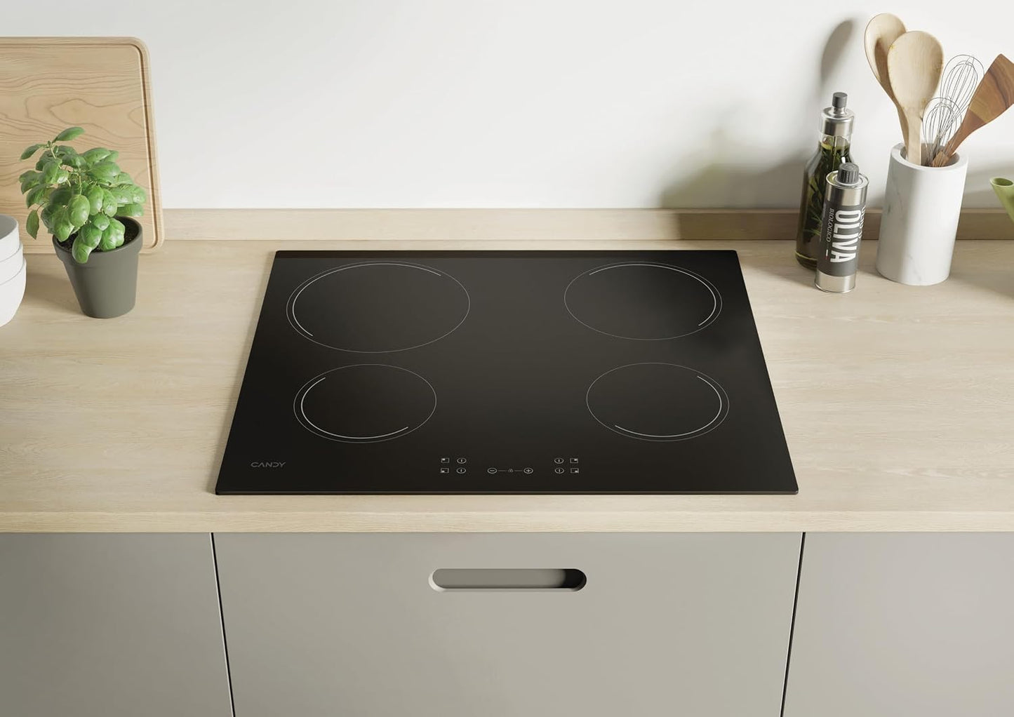 CANDY - Ceramic Hob - 4 Cooking Zones, Adjustable Power, Automatic Zone Detection, Grouped Controls - 6500 W - Flower Installation, Straight Edges - 59 x 52 x 4.5 cm