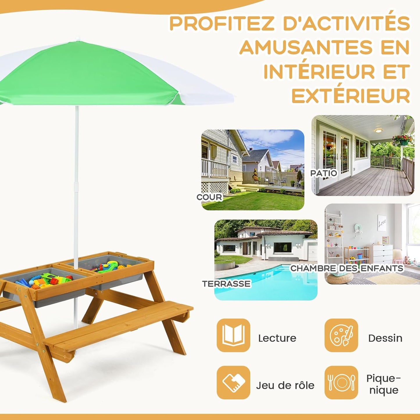 GOPLUS Table Enfant avec Banc et Parasol, 3 en 1 Banc Convertible avec Plateau Amovible et 2 Boîtes de Rangement, Table d’Activité en Bois pour Extérieur, Jardin (Vert+Blanc)