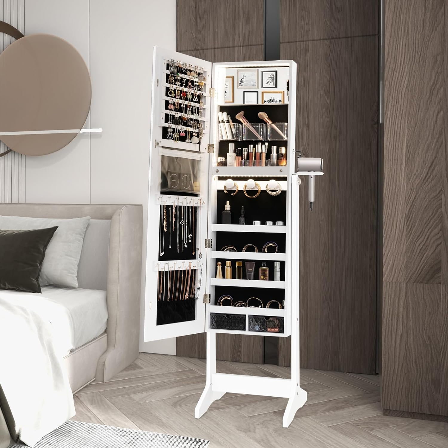 GOPLUS Armoire à Bijoux avec Miroir sur Pied, 2 en 1 Organisateur de Bijoux Verrouillable avec Lumières LED 3 Couleurs, 3 Angles Réglables, Armoire de Rangement Modern pour Collier, Bague, Blanc