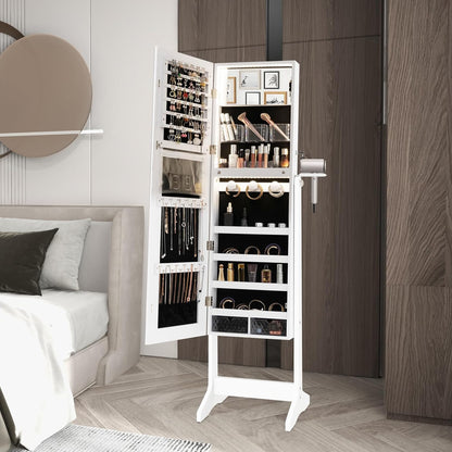 GOPLUS Armoire à Bijoux avec Miroir sur Pied, 2 en 1 Organisateur de Bijoux Verrouillable avec Lumières LED 3 Couleurs, 3 Angles Réglables, Armoire de Rangement Modern pour Collier, Bague, Blanc
