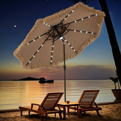 GOPLUS 3M Parasol en Paille PE avec 32 LED Solaires, Parasol Hawaïen Tropical avec Double Toit Inclinable, 8 Baleines, 9 Couches, Manivelle, Anti-UV, Manivelle, pour Jardin Patio Plage