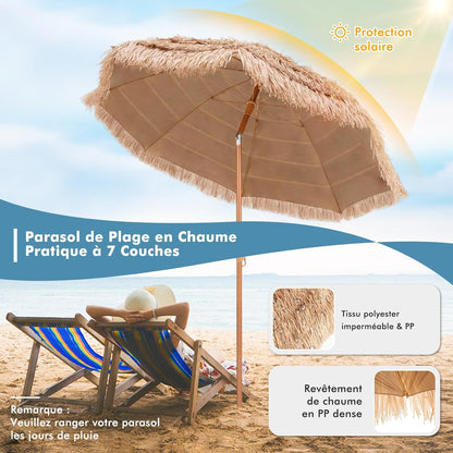 GOPLUS 2,2M Parasol Paille de Plastique, Parasol de Plage avec 8 Baleines, Parasol Inclinable de Style Tropical Hawaïen, UPF 30+, Parasol de Jardin Patio Terrasse, Base Non Inclus (Naturel)